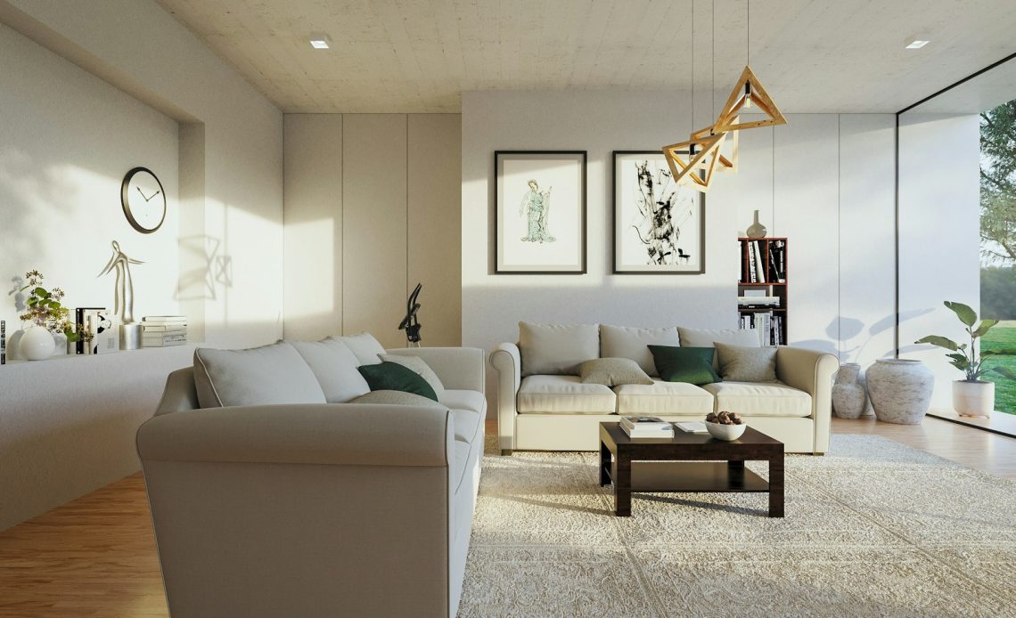 a living room filled with furniture and a large window