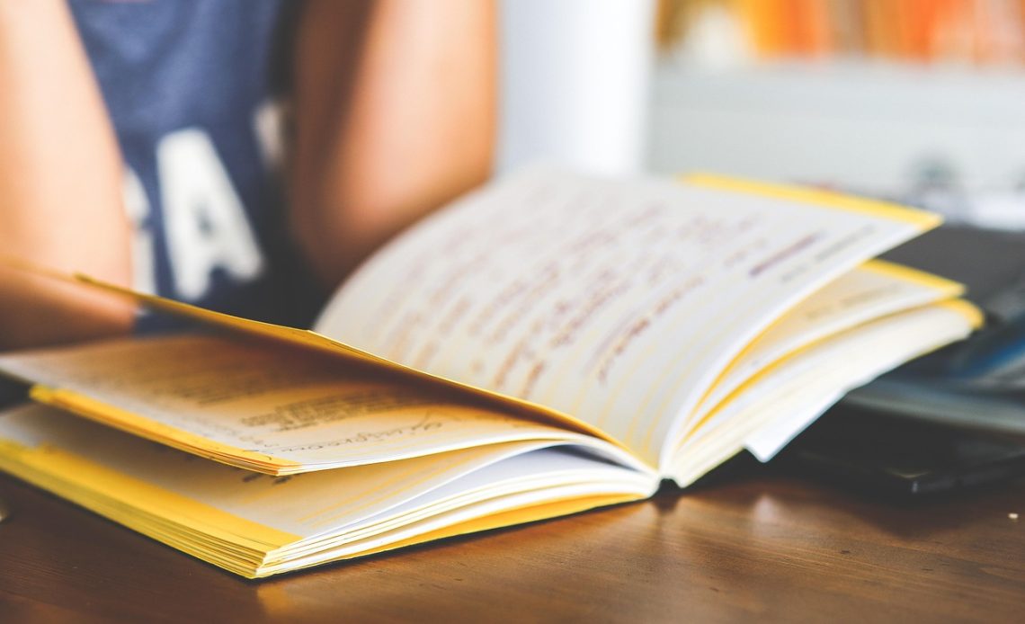 Vrouw die aandachtig in een notitieboek leest aan haar bureau